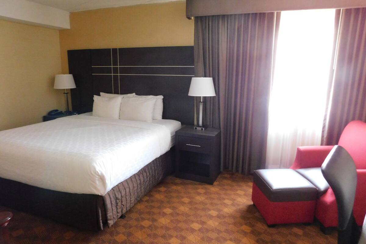 Una habitación de hotel con una cama grande, lámparas de noche, una silla roja y una alfombra estampada.