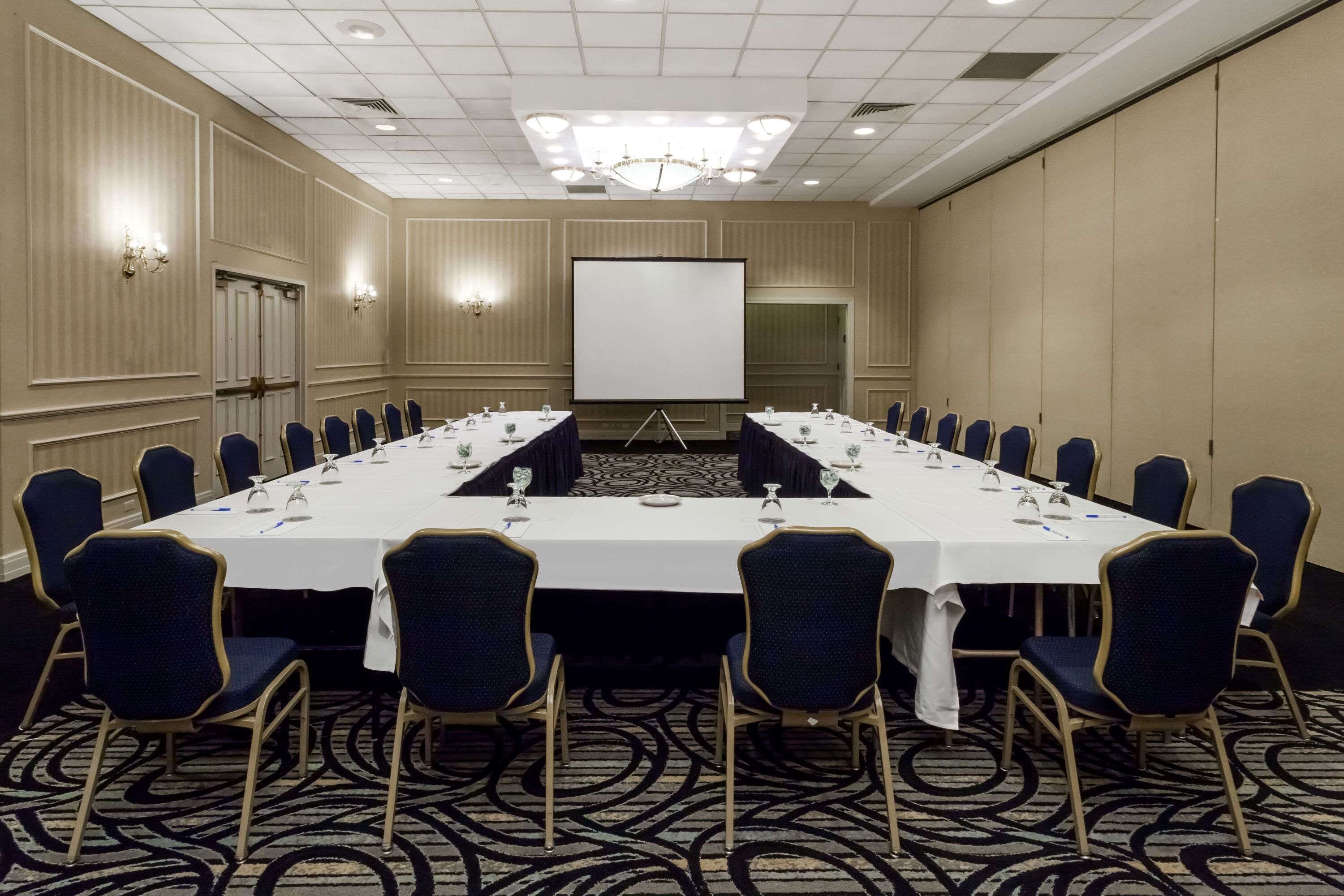 A conference room with a long table, blue chairs, a projector screen, and a chandelier.