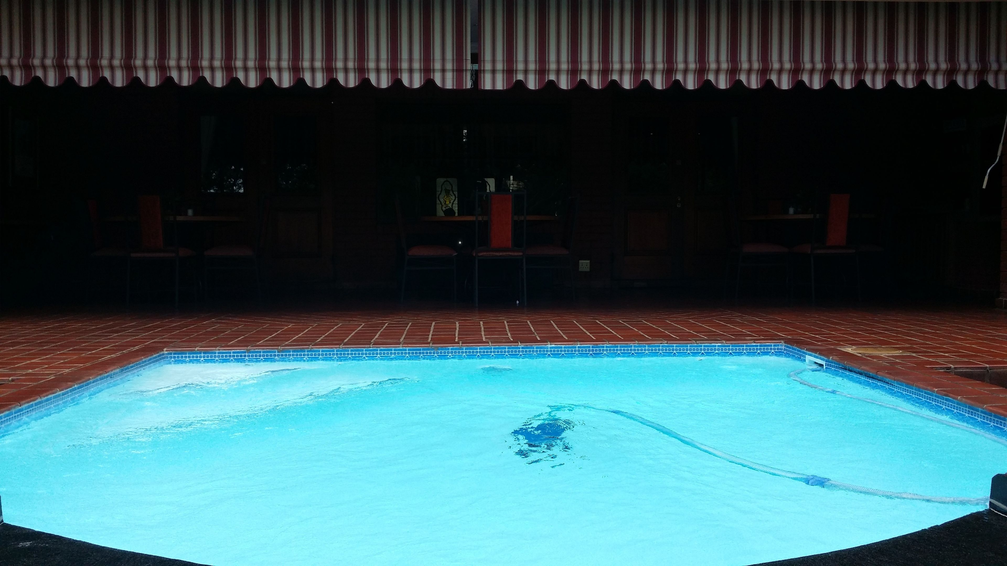 A swimming pool with a tiled edge, surrounded by a brick patio.