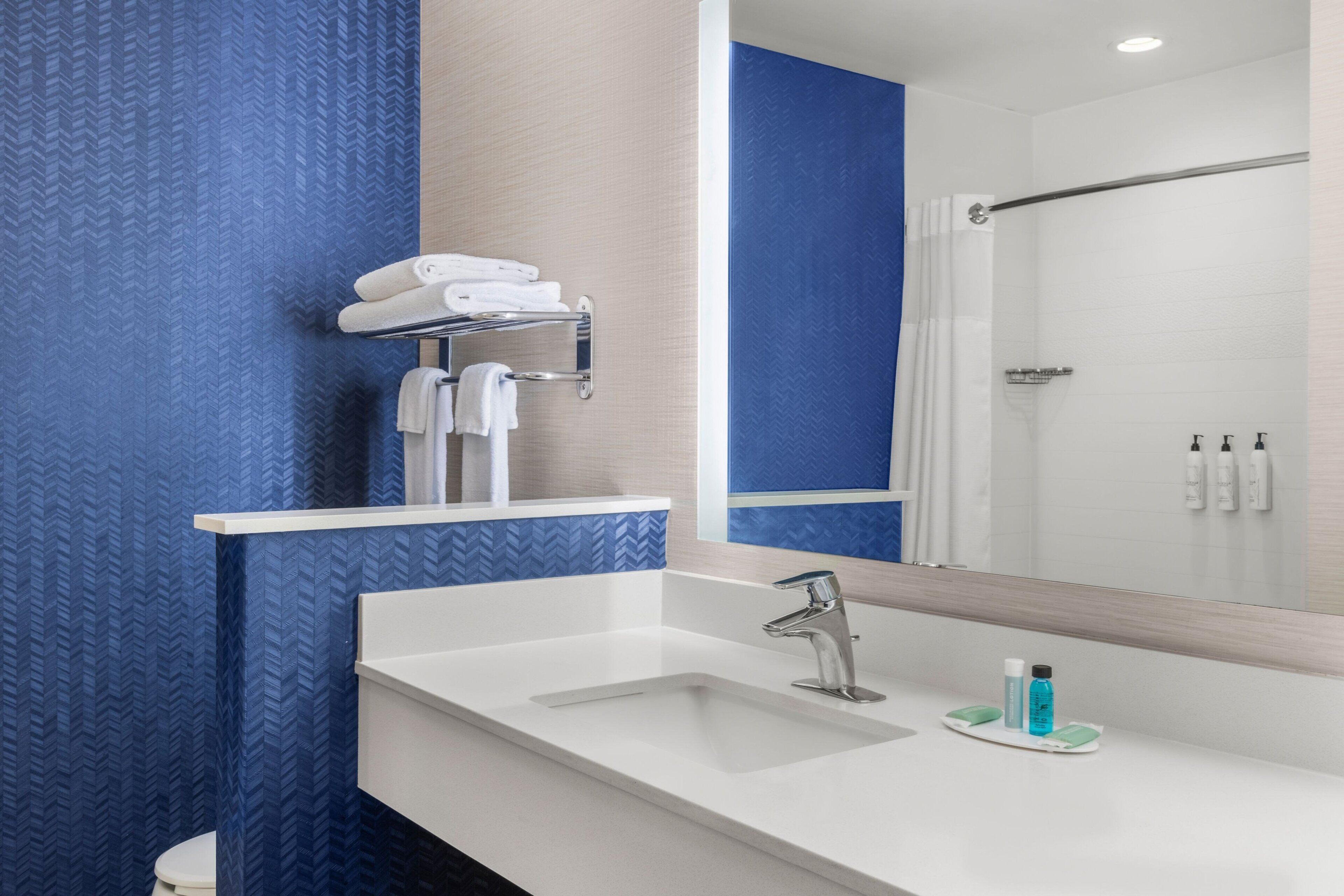 combined shower/bathtub, free toiletries, hair dryer, towels