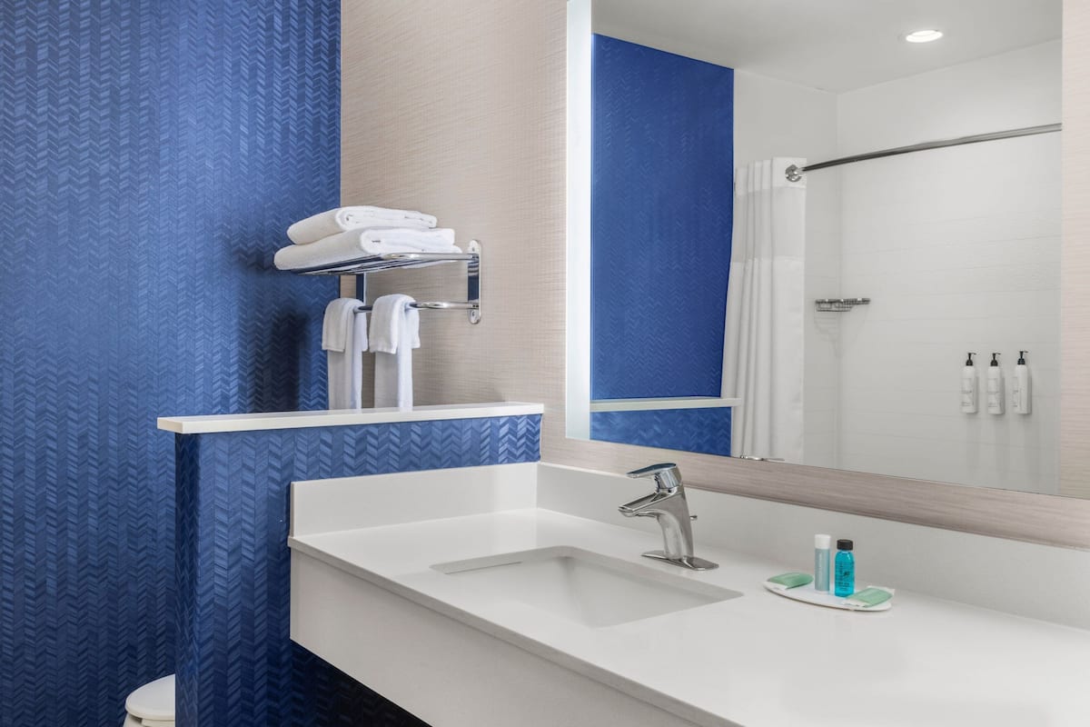combined shower/bathtub, free toiletries, hair dryer, towels