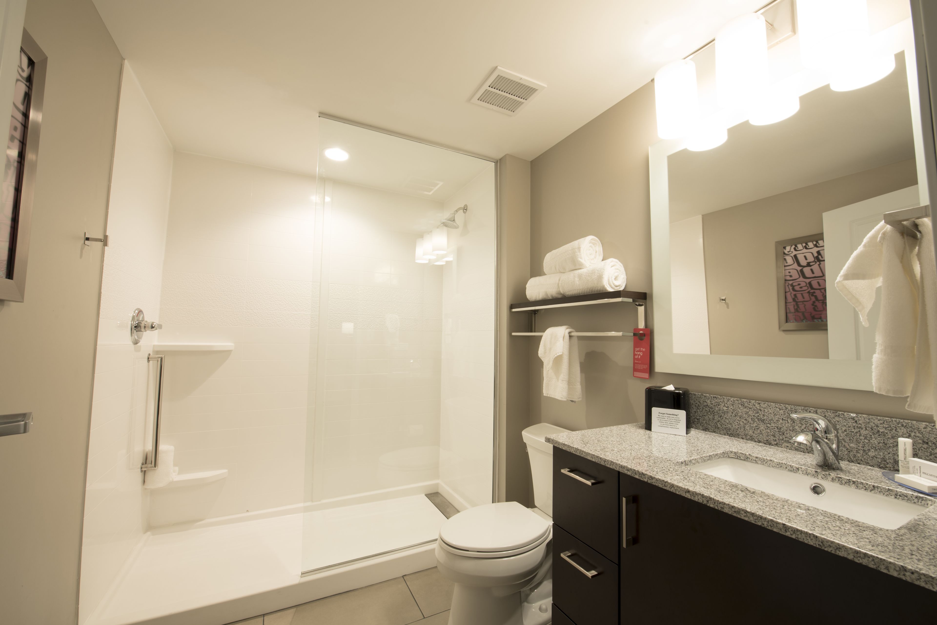 combined shower/bathtub, free toiletries, hair dryer, towels