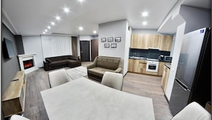 A modern living room with a fireplace, a sofa, a dining table, and a kitchen area with wooden cabinets and a refrigerator. - Vila Lolo (Chisinau)