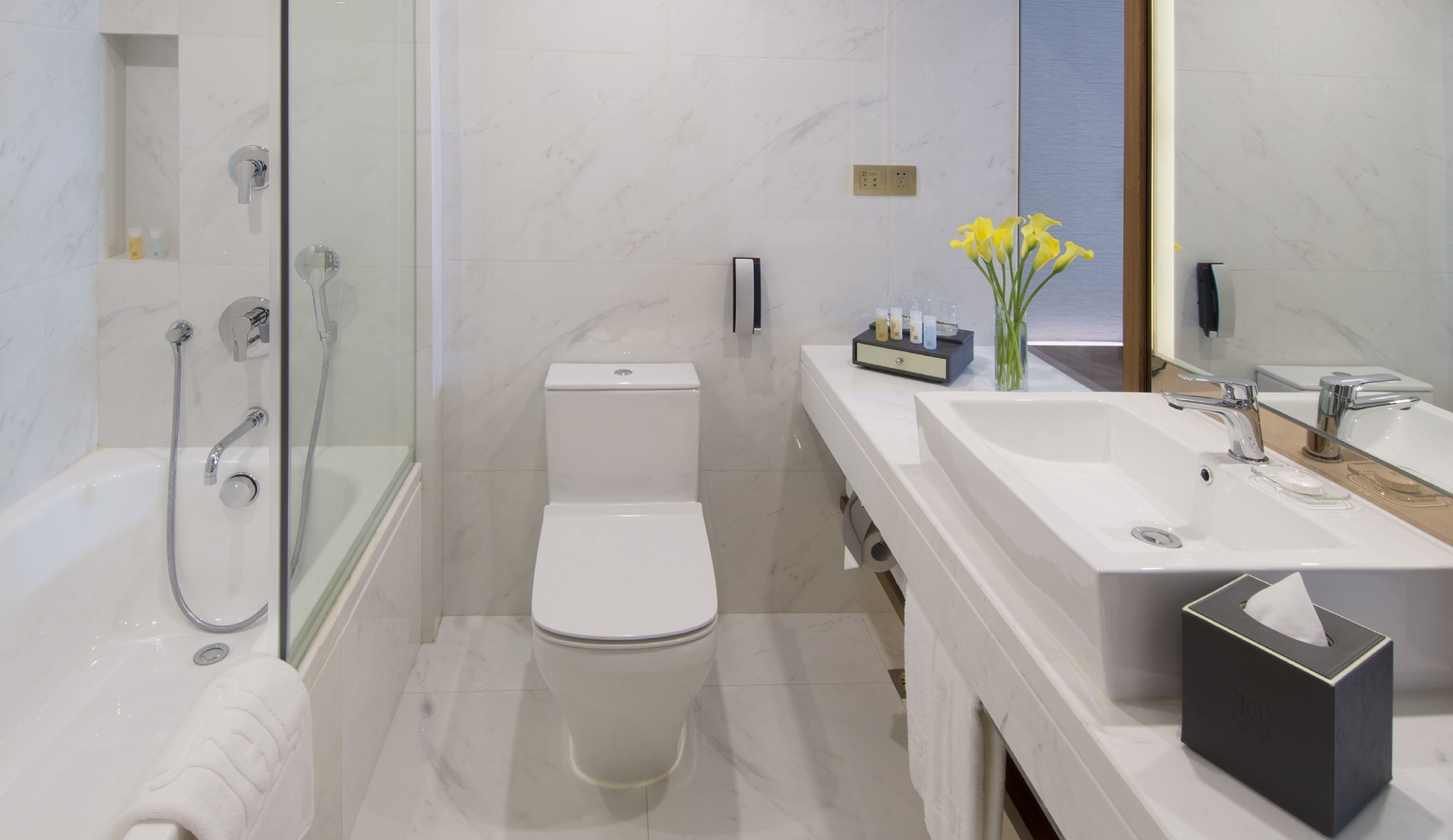 combined shower/bathtub, rainfall showerhead, free toiletries