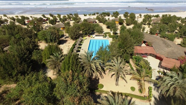 Un complexe hôtelier doté d’une piscine, d’une plage et de palmiers.