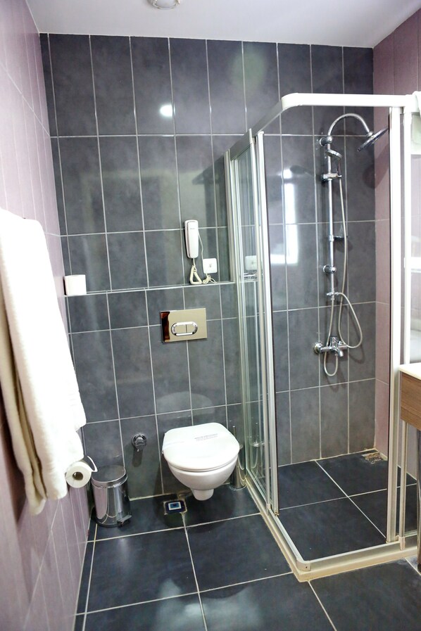 Une salle de bain moderne avec des carreaux de couleur sombre, une douche à parois de verre, des toilettes et un porte-serviettes.
