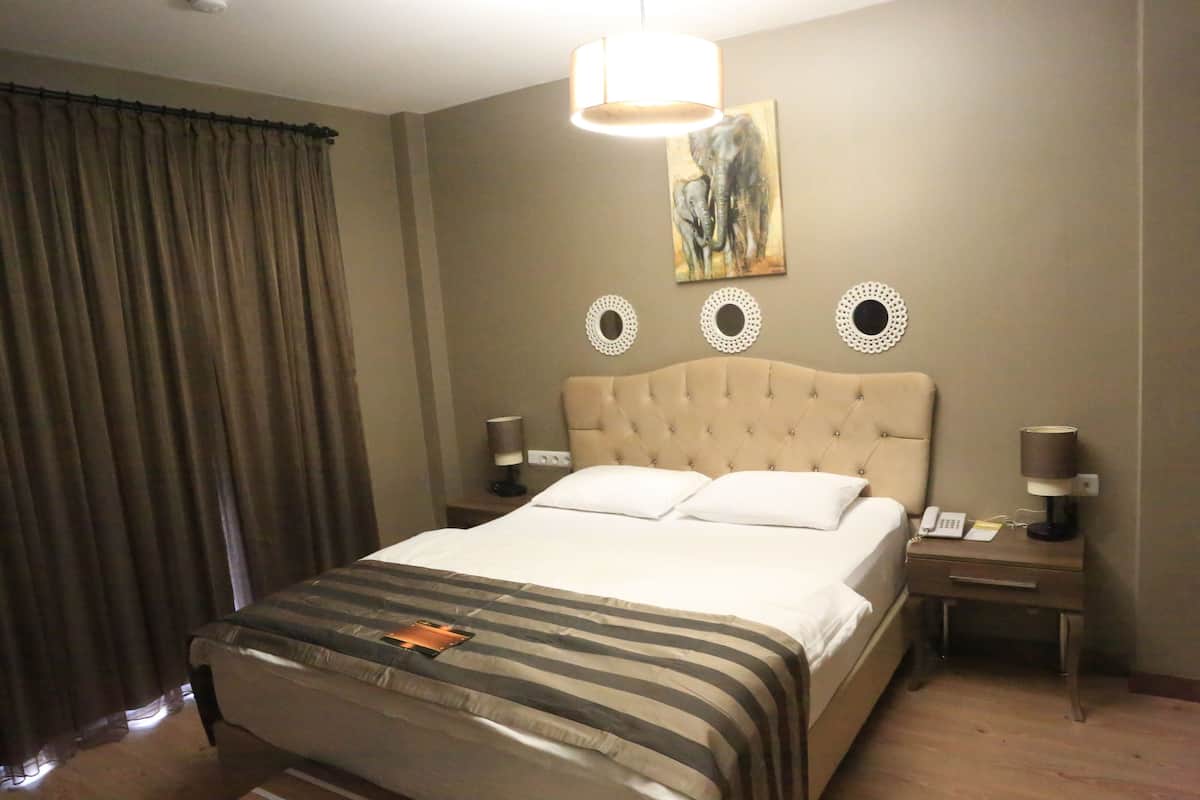 Een hotelkamer met een groot bed, twee nachtkastjes, een lamp, een schilderij en een gordijn.
