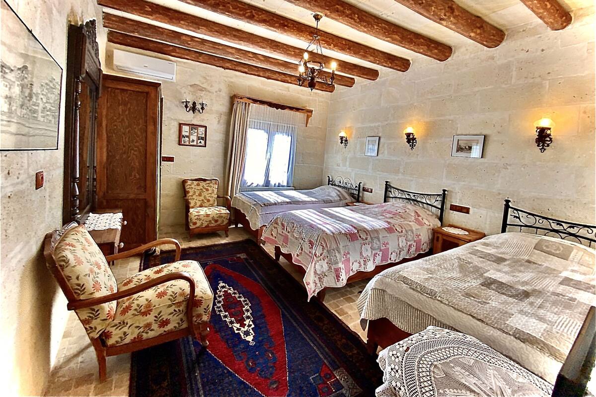 A bedroom with two beds, a wooden ceiling, and a rustic decor style.