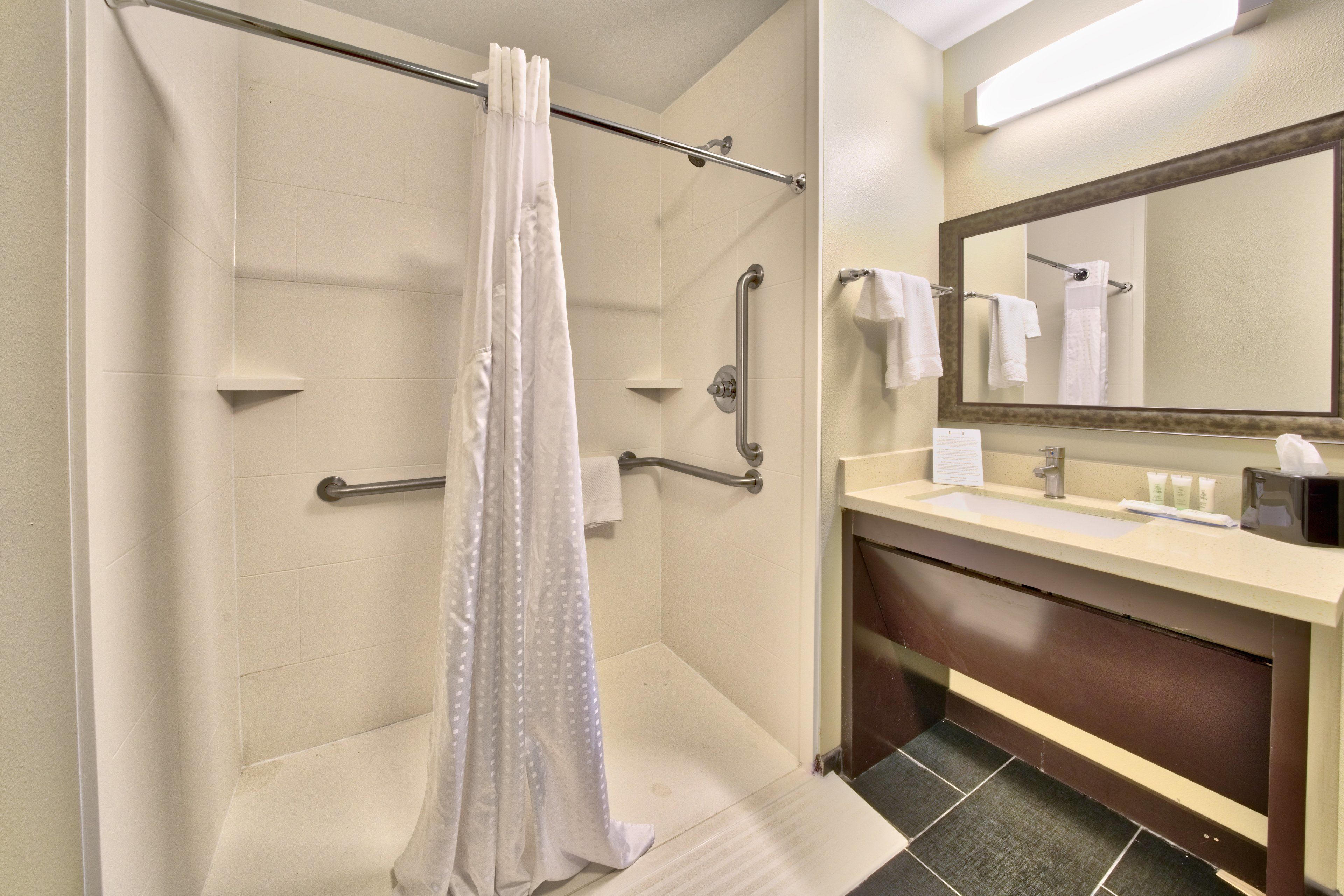 A hotel bathroom with a shower, grab bars, a sink, and a mirror.