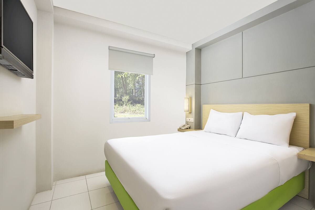 A modern hotel room with a large bed, a bedside table with a lamp, a window with a view of greenery, and a flat-screen TV mounted on the wall.