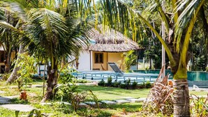A resort with a thatched-roof building, a pool, and palm trees.