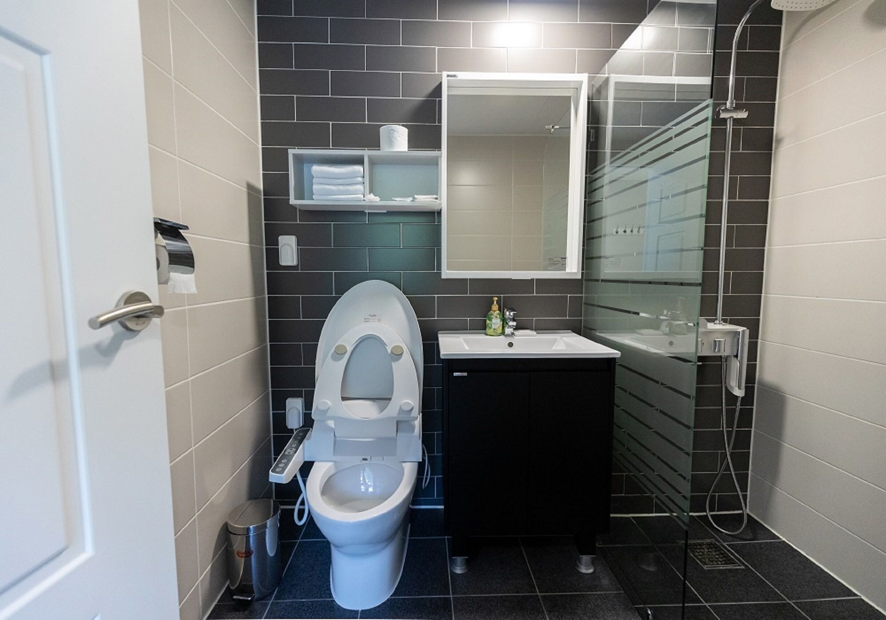 Un baño moderno con inodoro, lavabo y ducha.