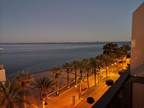 Vista costera con mar tranquilo, palmeras y una calle bien iluminada.
