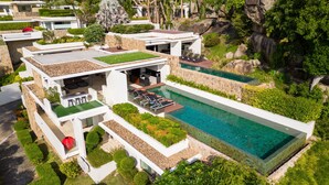 A modern villa with a rooftop pool, lush greenery, and a stone facade.