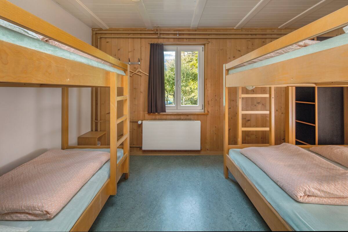 A room with bunk beds, wooden walls, a window with a view of trees, and a radiator.