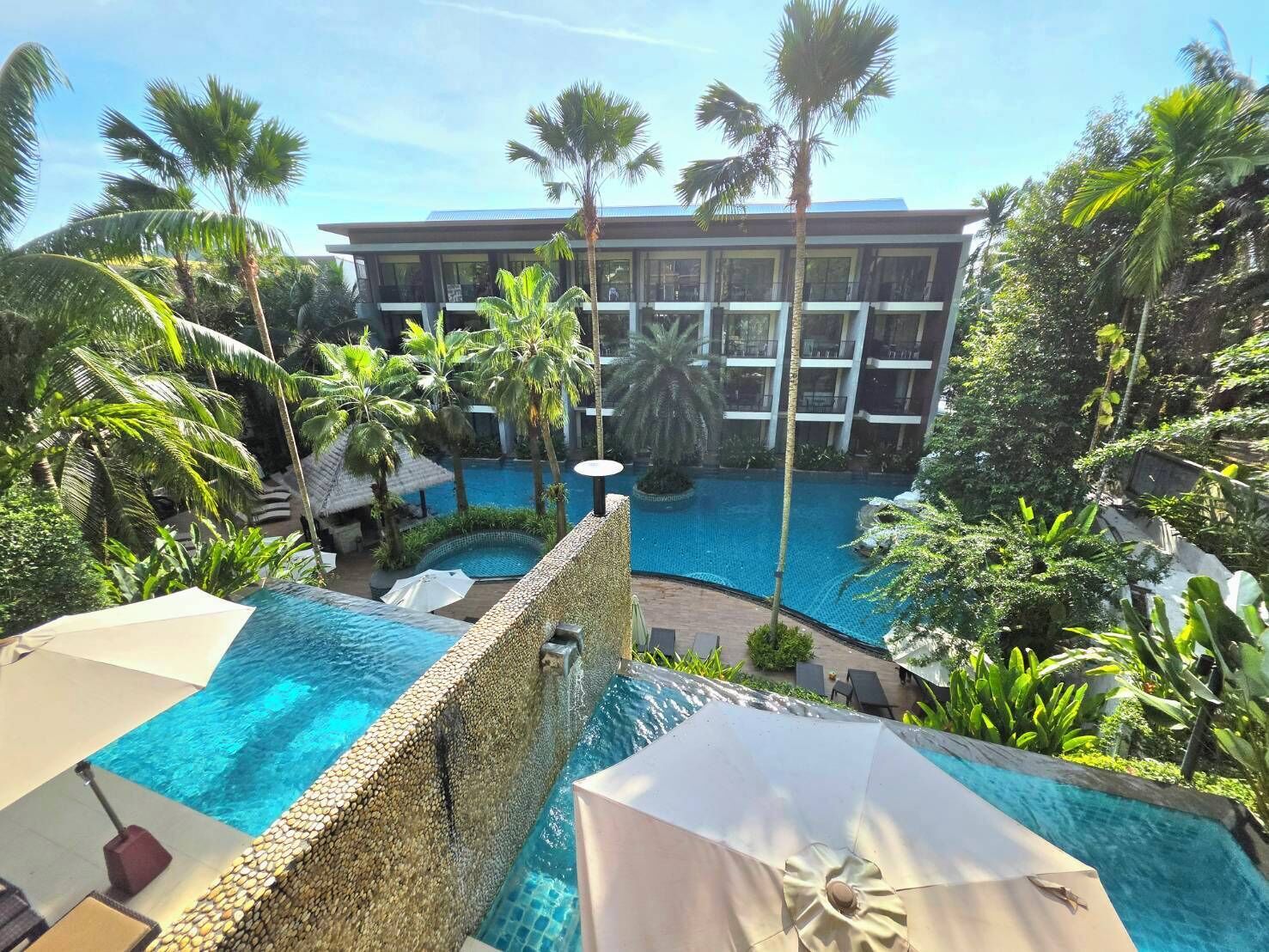 Una piscina al aire libre, sombrillas, tumbonas