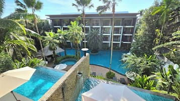 Outdoor pool, pool umbrellas, pool loungers