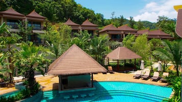 Outdoor pool, pool umbrellas, pool loungers