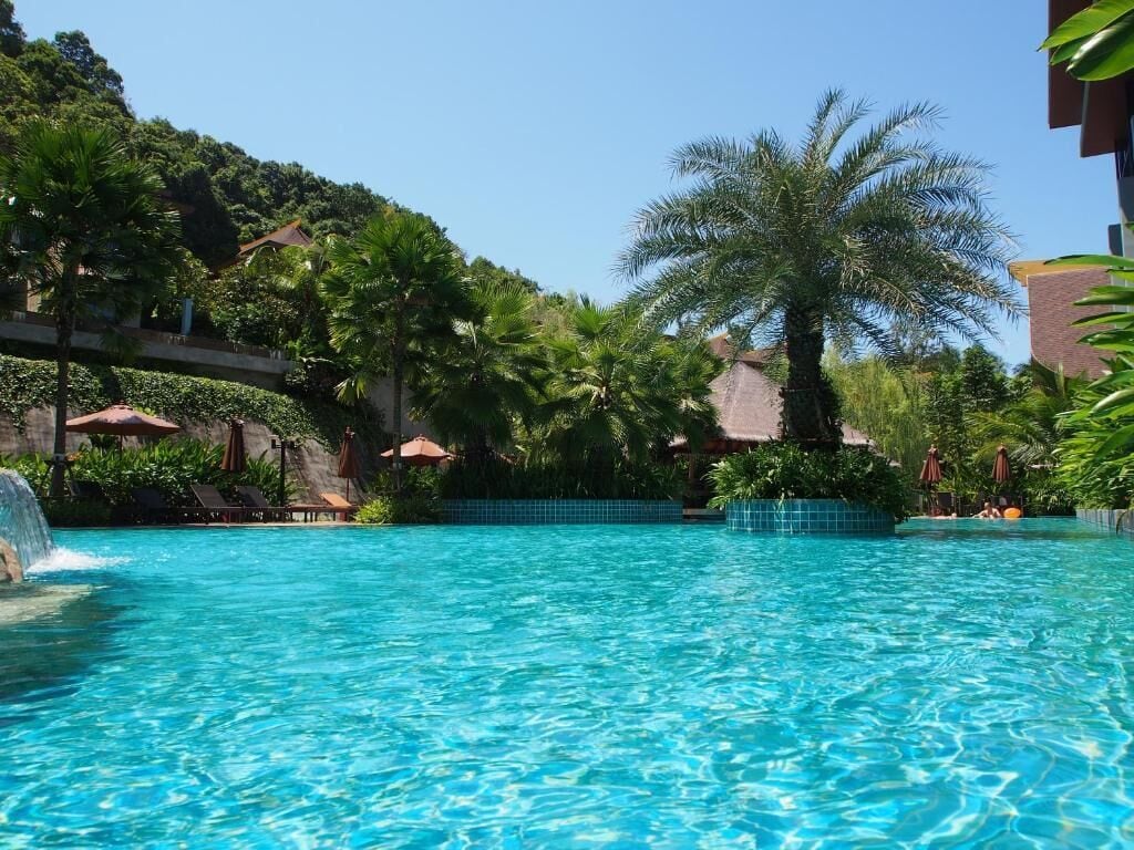 Una piscina con agua cristalina, rodeada de palmeras y vegetación, con un puente de piedra al fondo.
