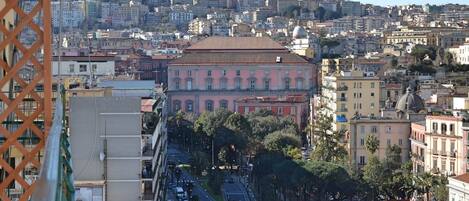 Un paisaje urbano con un edificio rosa destacado con una cúpula, rodeado de otros edificios y cielo despejado.