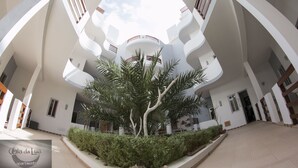 A modern building with a central atrium, multiple balconies, and a large tree in the middle. - Cala Da Lua (Boa Vista)