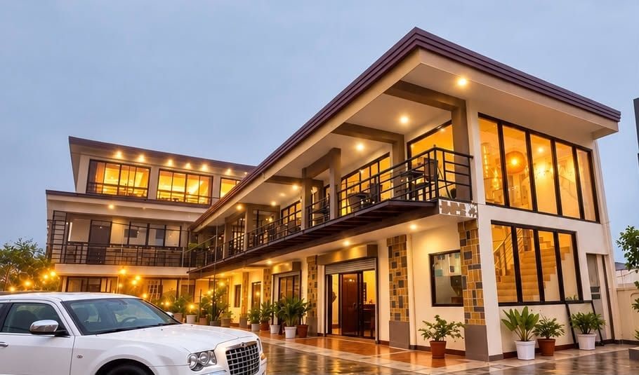 A multi-story hotel with a modern design, featuring balconies and large windows.