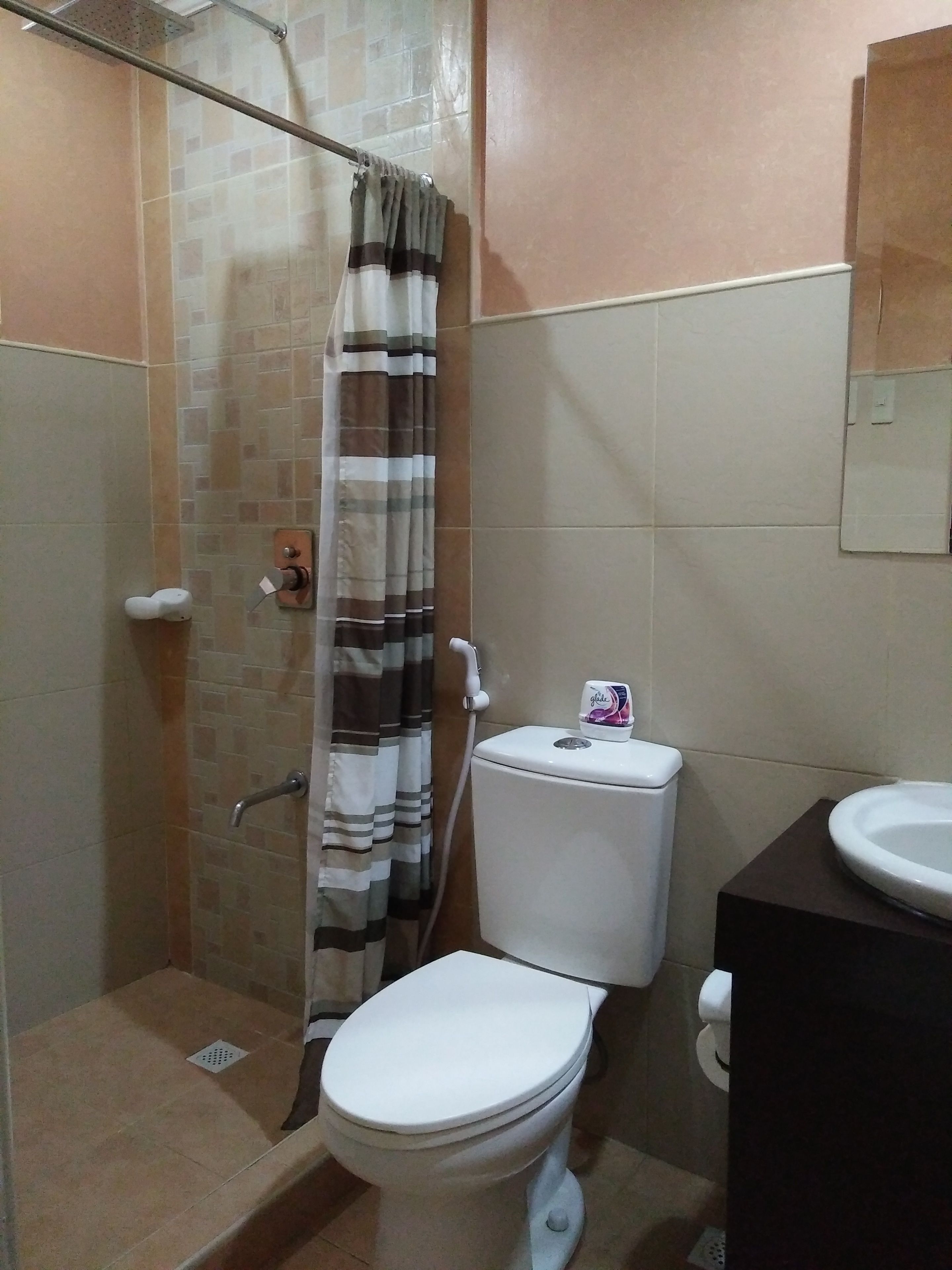 A bathroom with a shower, toilet, and sink.