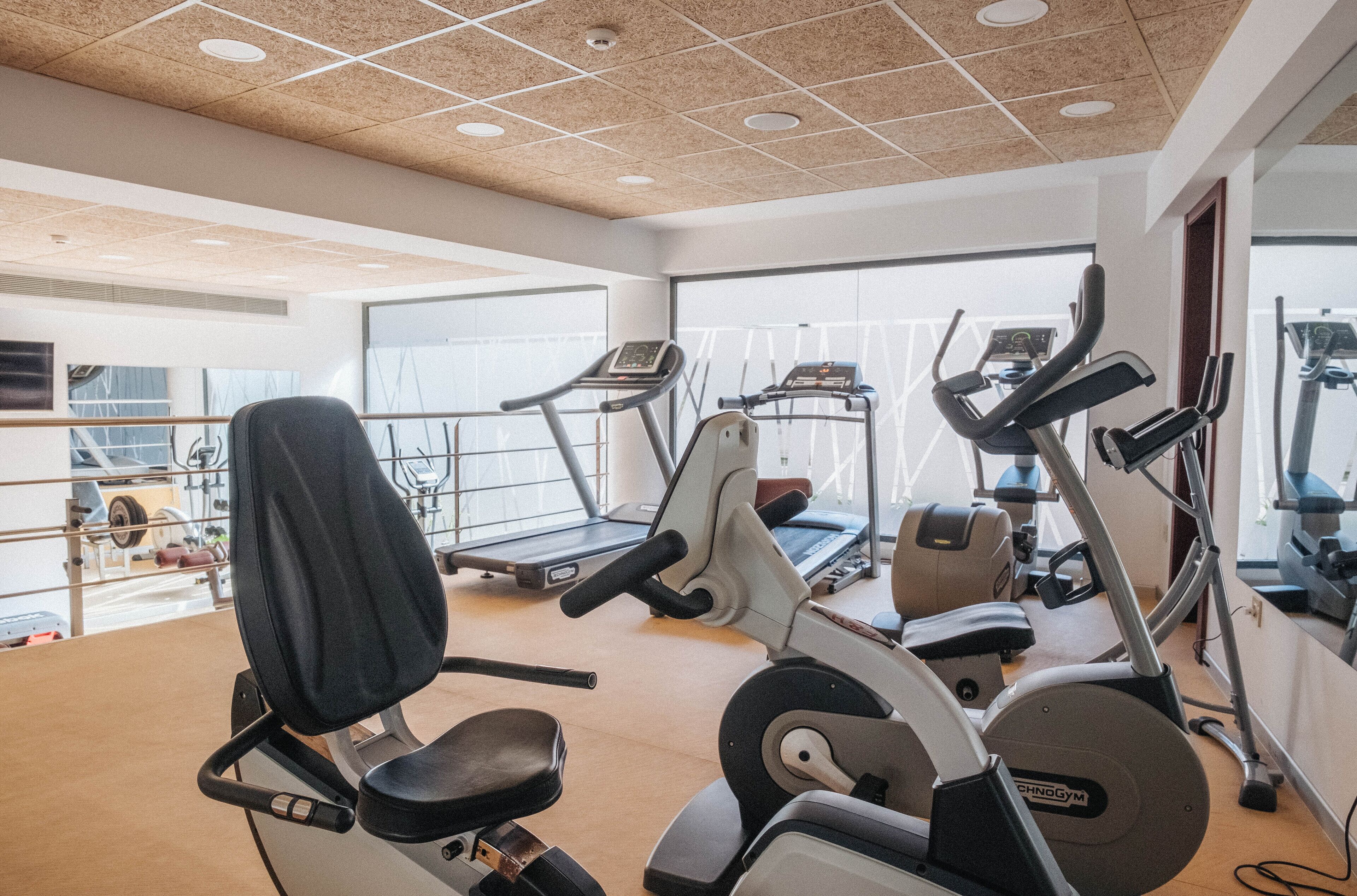 Un gimnasio con máquinas de cardio, cinta de correr y banco de pesas.