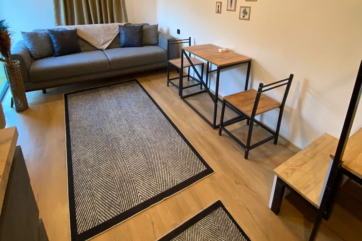 A modern living room with a grey sofa, a wooden coffee table, and a small dining table with chairs. There are two black and white patterned rugs on the floor.