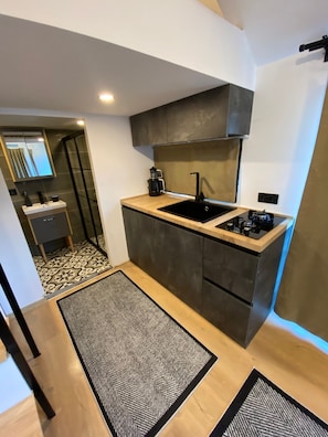 A modern kitchen with a sink, stove, and dark cabinetry. - Alican Pension (Kemer)