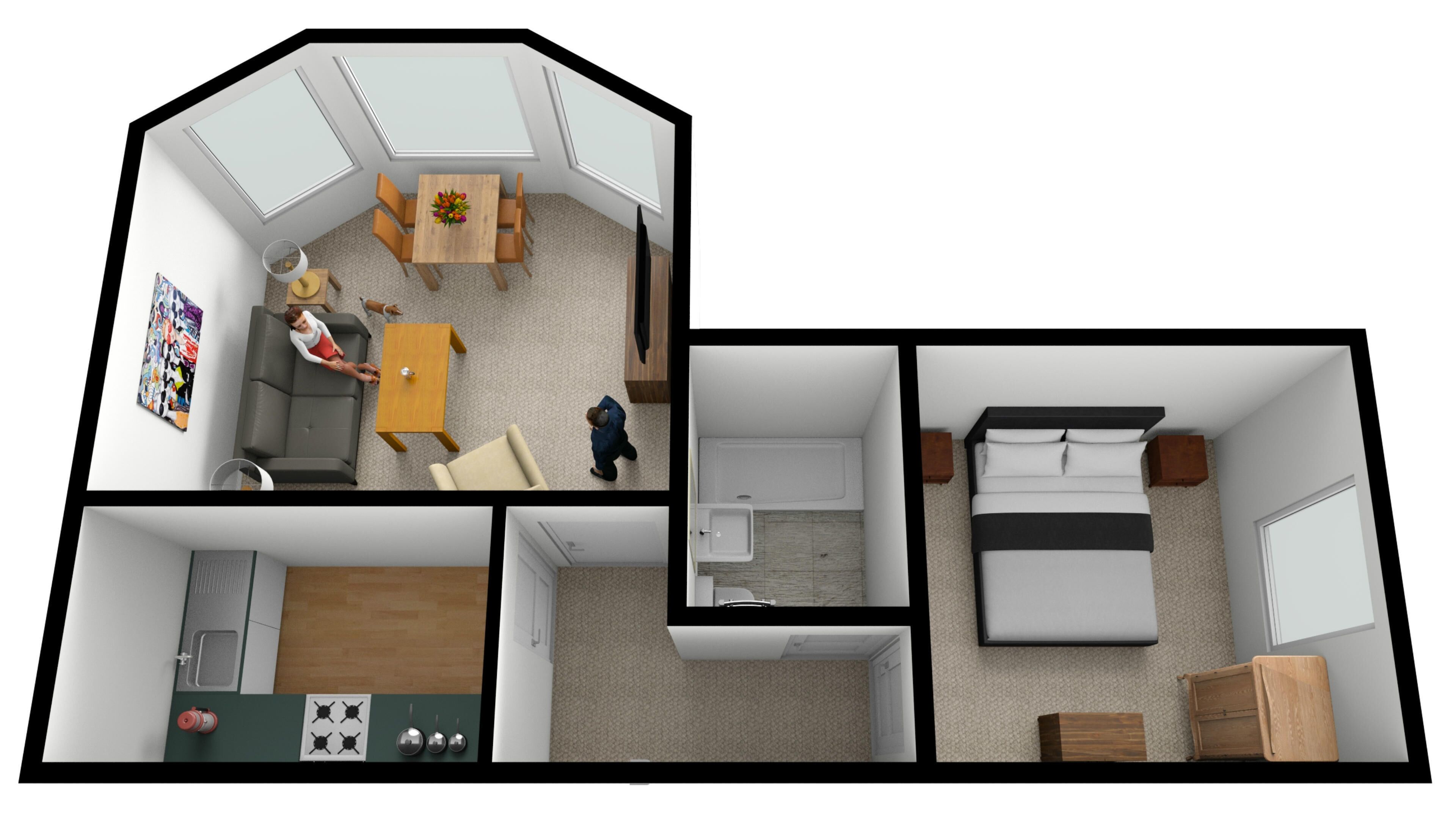 Plano de planta en 3D de un apartamento moderno con sala de estar, comedor, cocina y dormitorio.