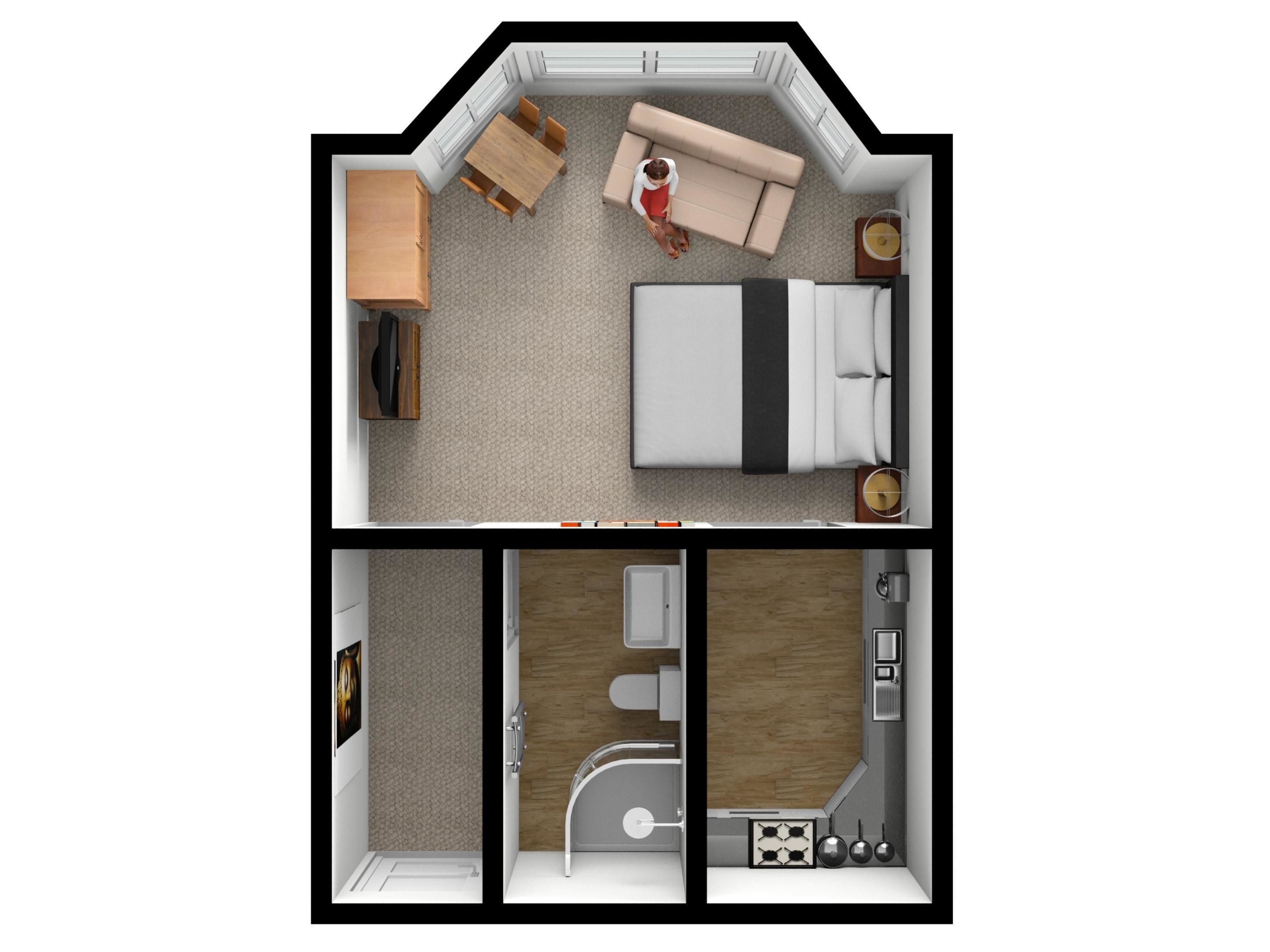 Vue d’ensemble d’une chambre d’hôtel, montrant un lit, un canapé, une table à manger, un téléviseur et une salle de bain.