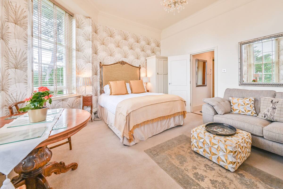 A bedroom with a large bed, a sofa, a dining table, and a potted plant.