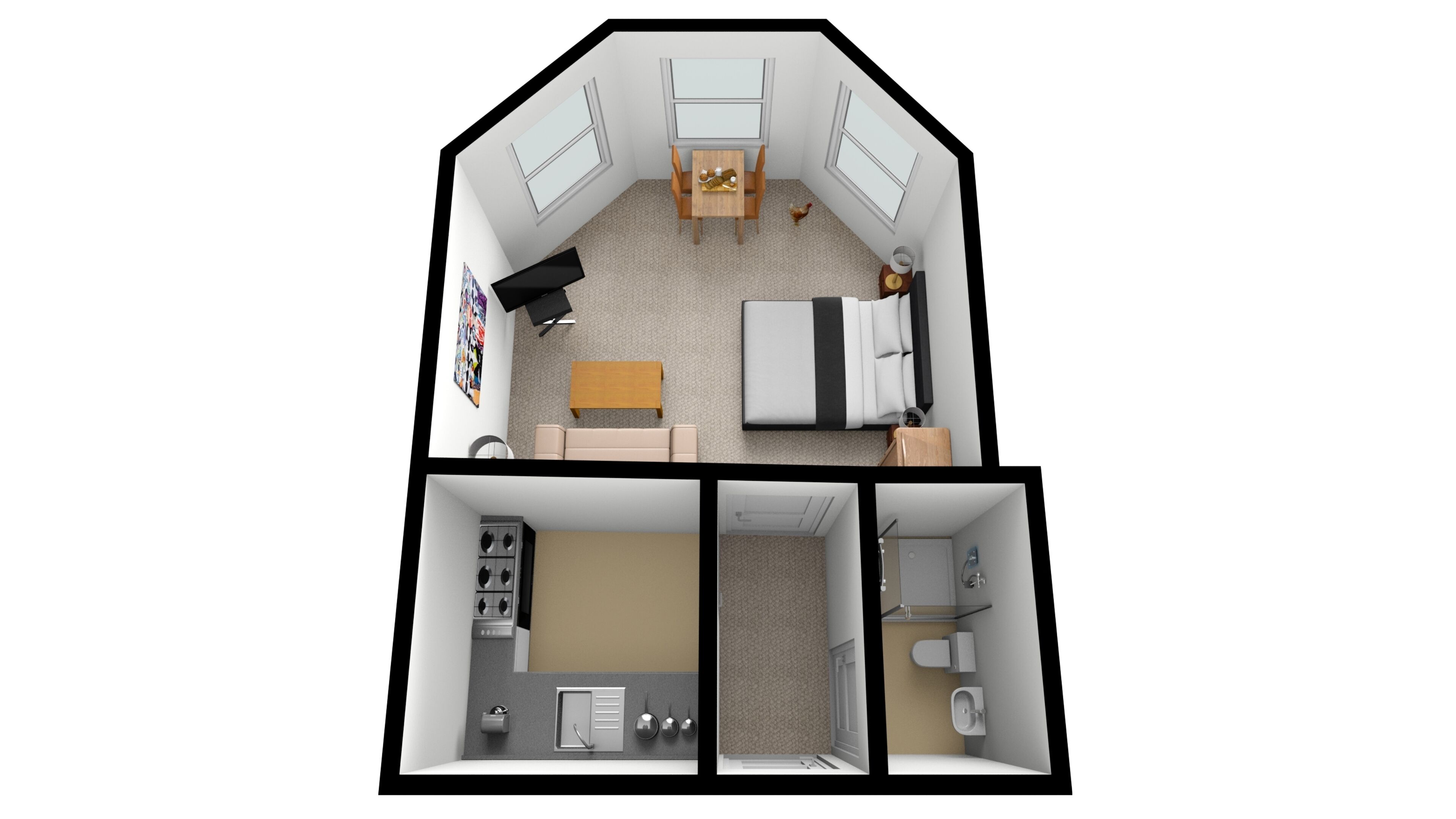 A 2-bedroom apartment layout with a kitchen, dining area, and a small living room.