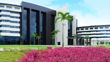 A modern building with a glass facade, palm trees, and a well-maintained garden with pink flowers.