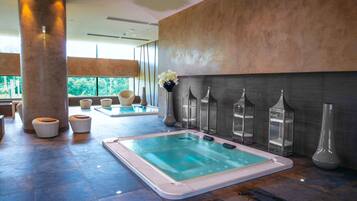 Hot tub, steam room, body treatments, body scrubs, facials
