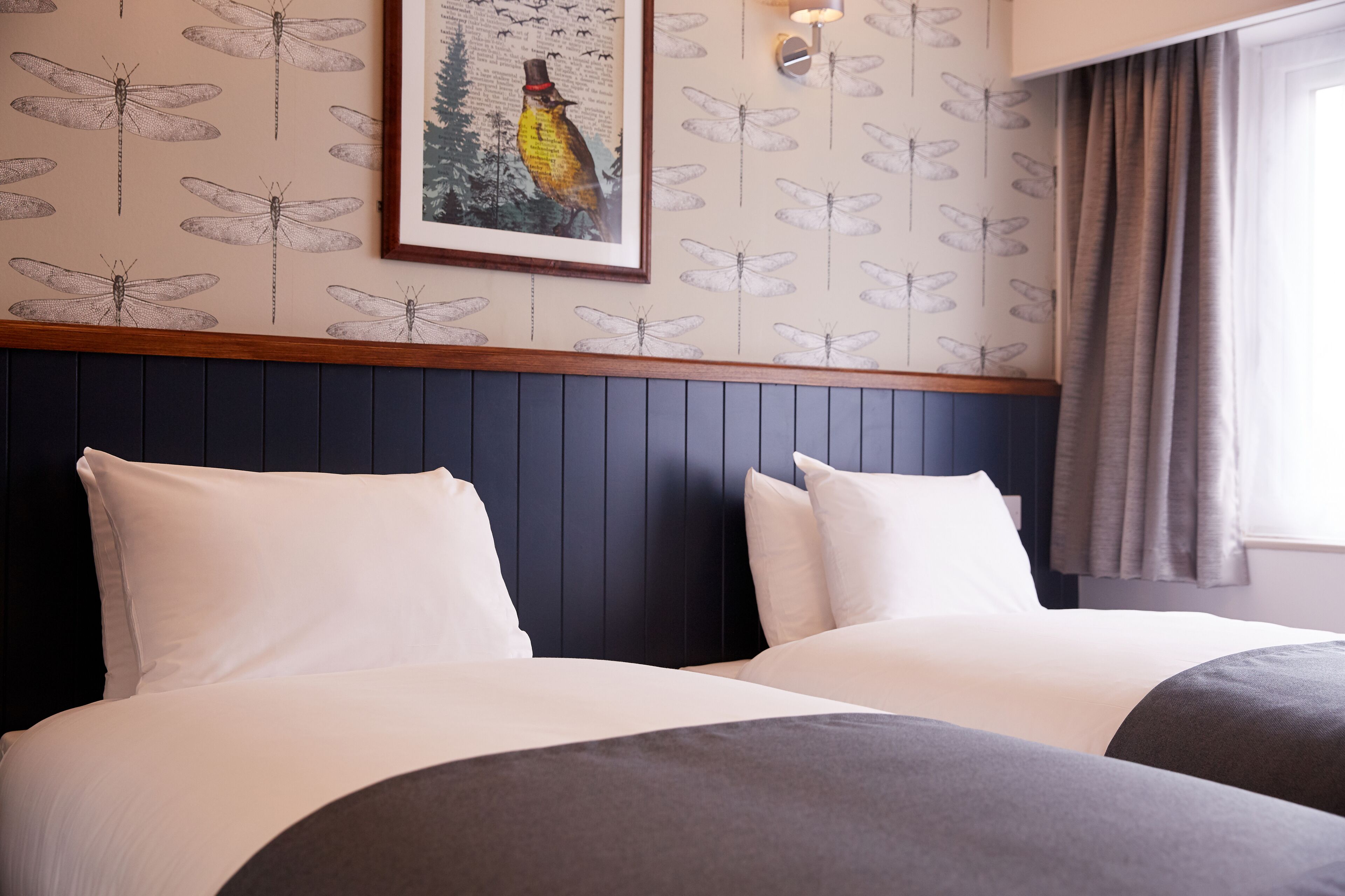 A hotel room with two beds, a dark headboard, a framed picture on the wall, and a window with curtains.
