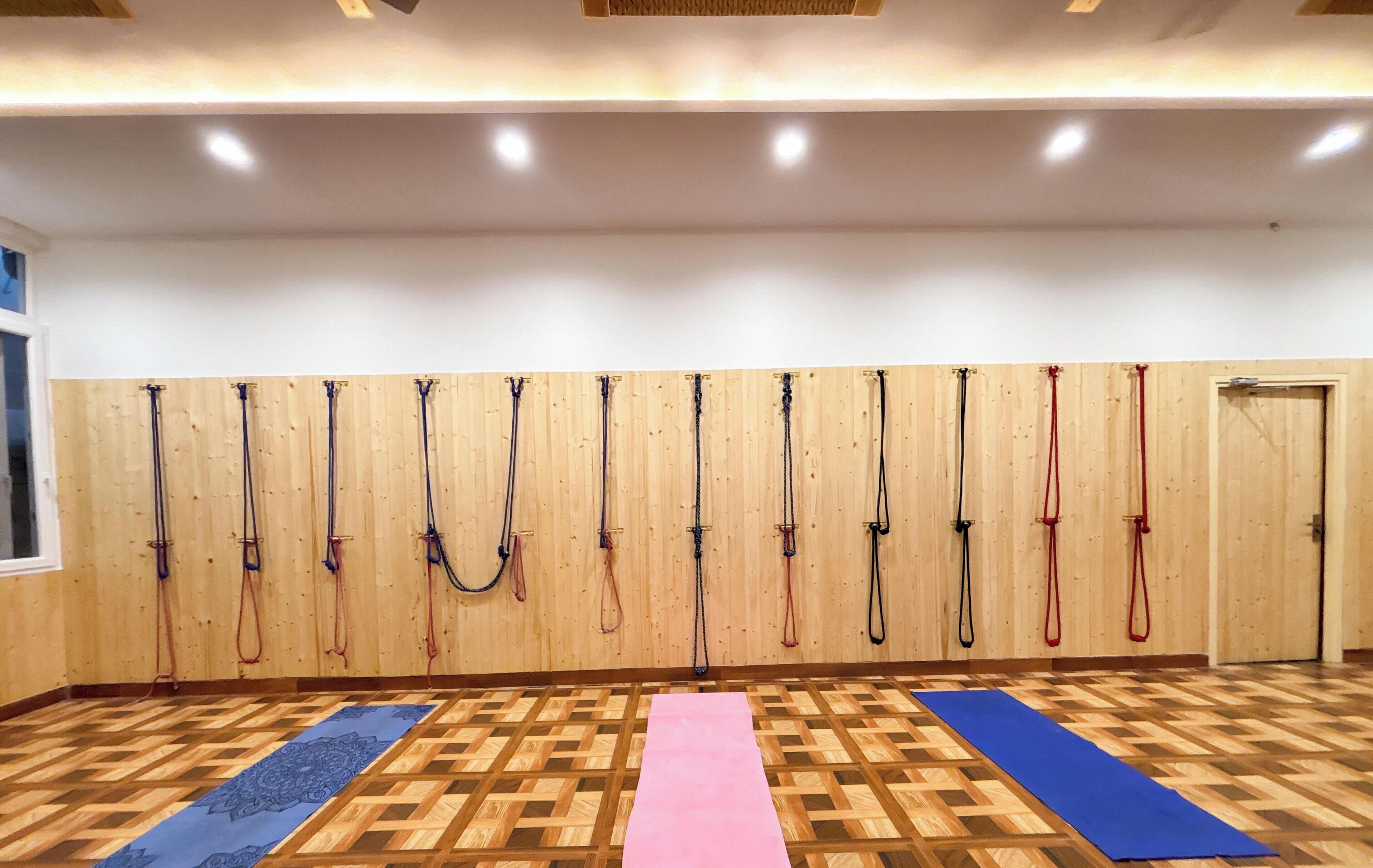 Et værelse med træparketgulv, en lyserød yogamåtte i midten og flere yogastrenger hængende på væggen.