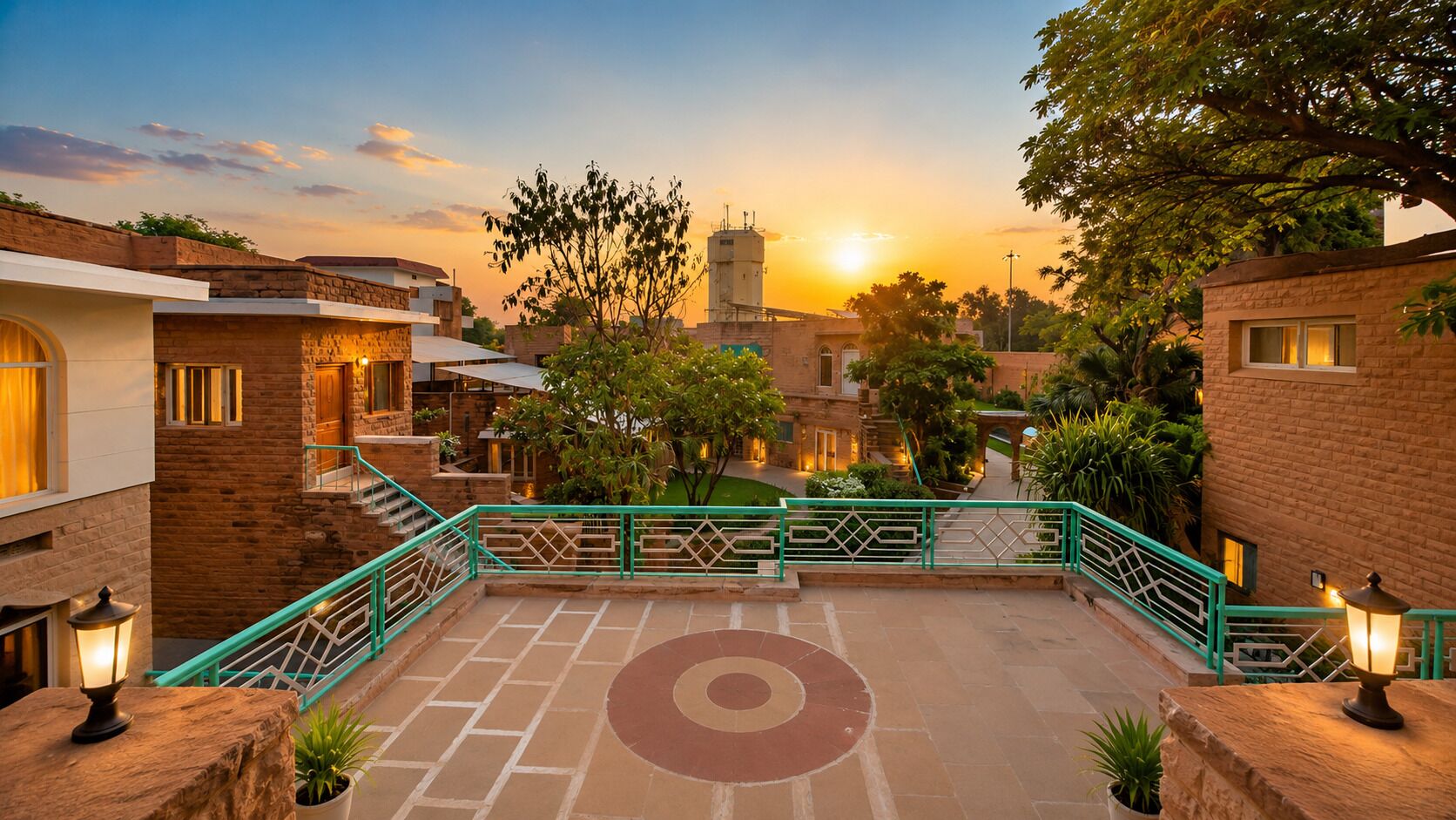 A courtyard with a patterned floor, green railings, and potted plants.