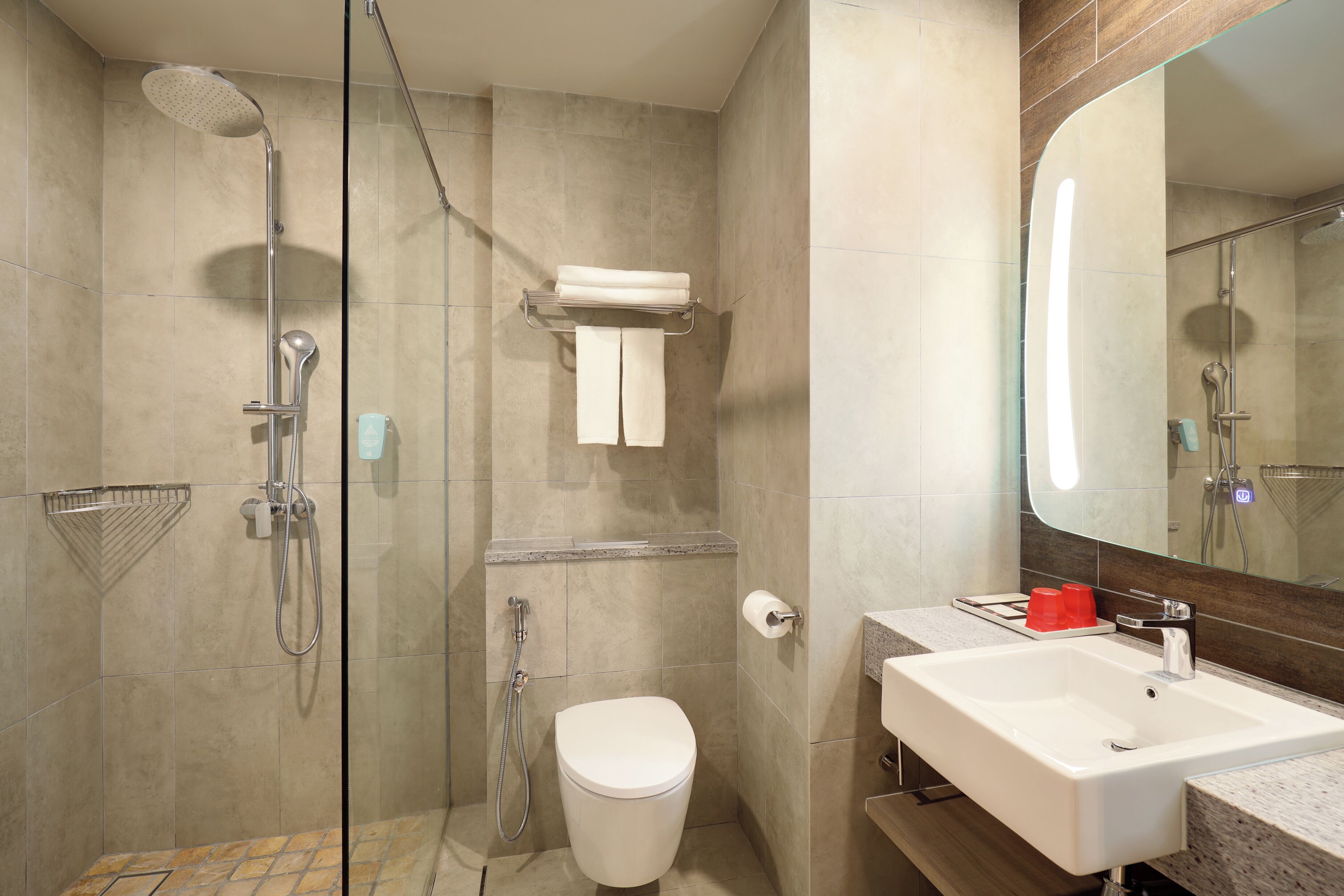 A modern bathroom with a glass-enclosed shower, a toilet, and a sink with a mirror.
