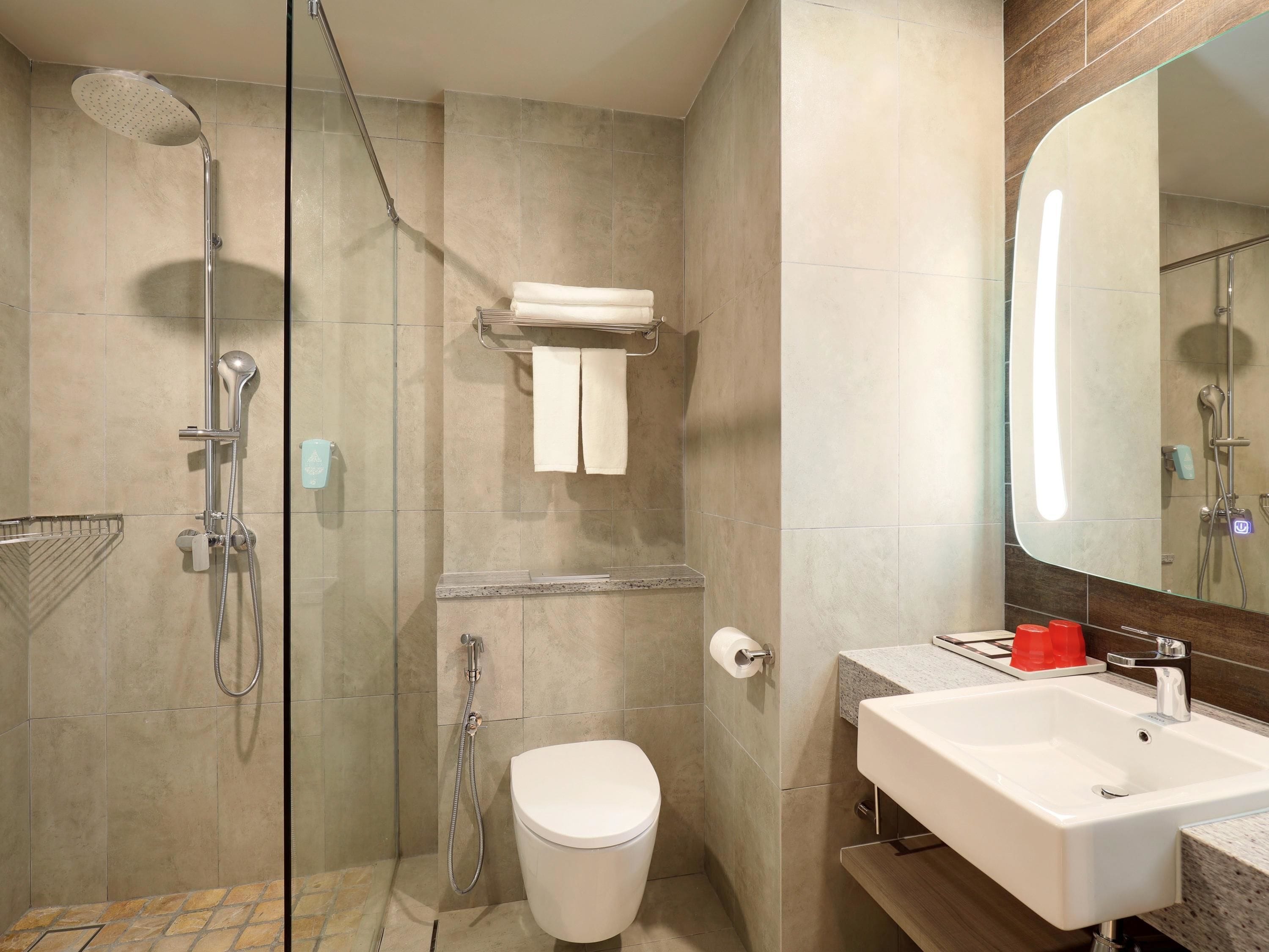 shower, rainfall showerhead, eco-friendly toiletries, hair dryer