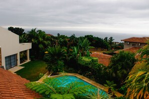 A residential area with a swimming pool surrounded by lush greenery and a view of the ocean.