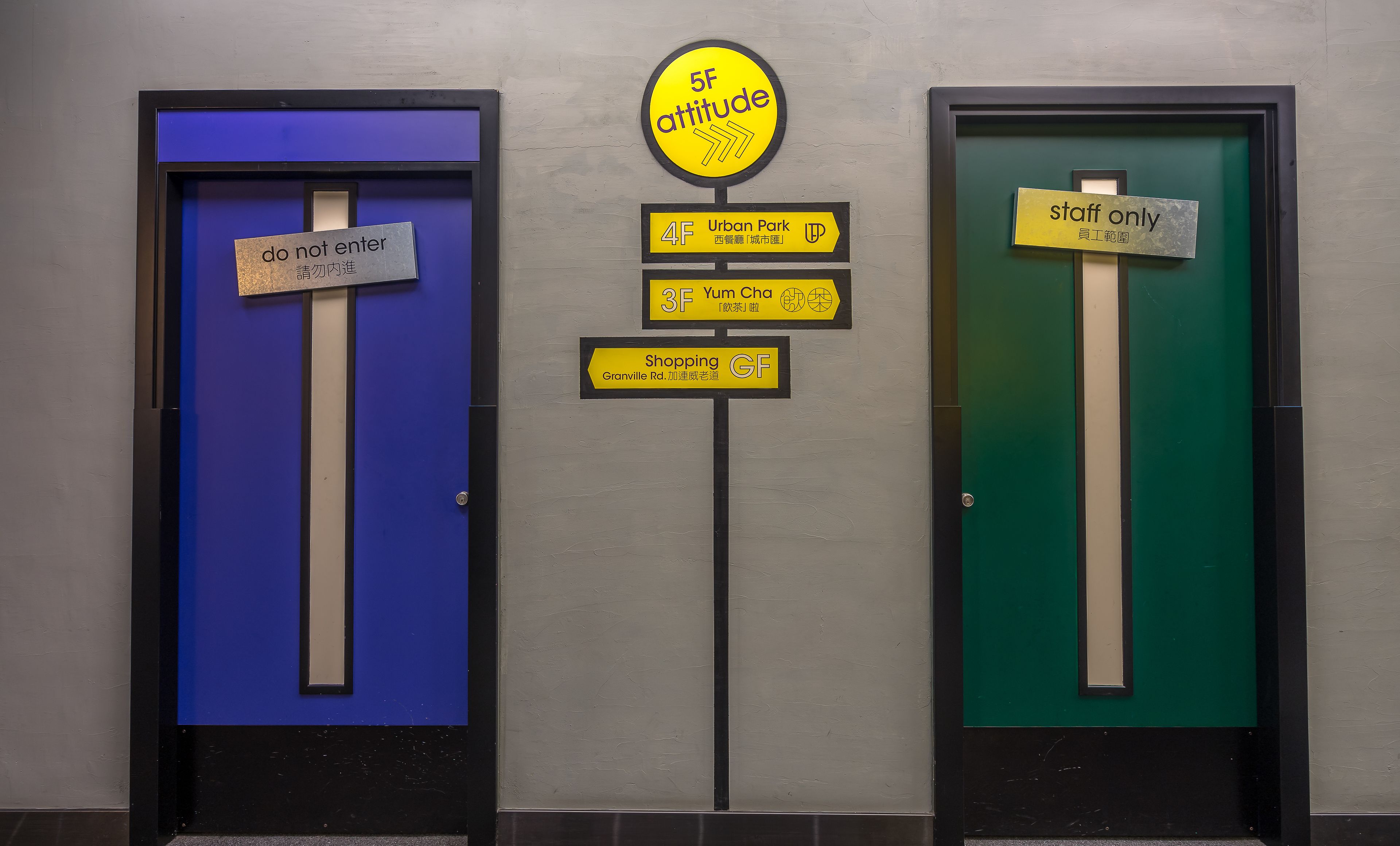 Drie deuren met borden die richting aangeven naar verschillende zones: 'niet betreden', 'Stads Park' en 'personeel alleen'.