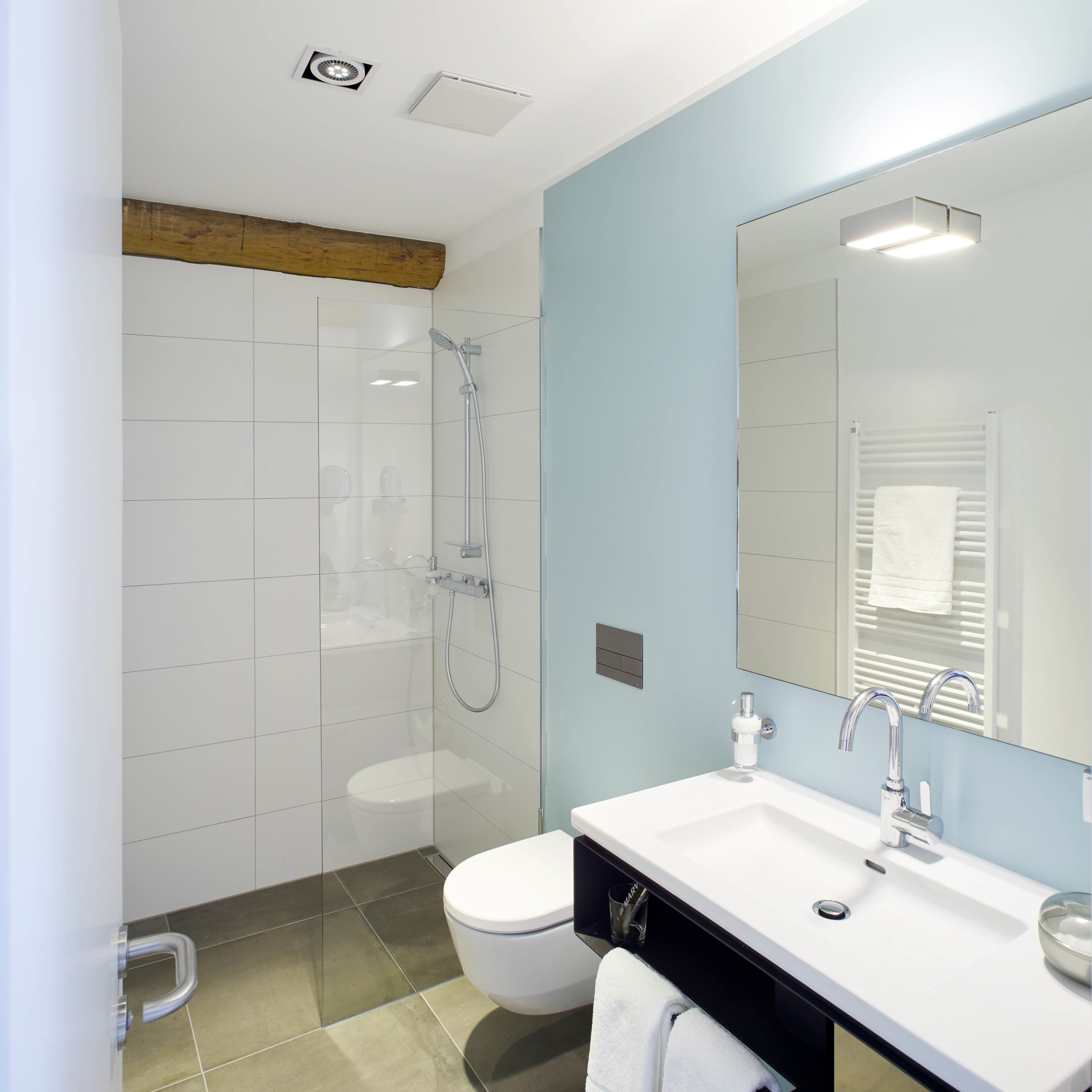 shower, free toiletries, hair dryer, towels