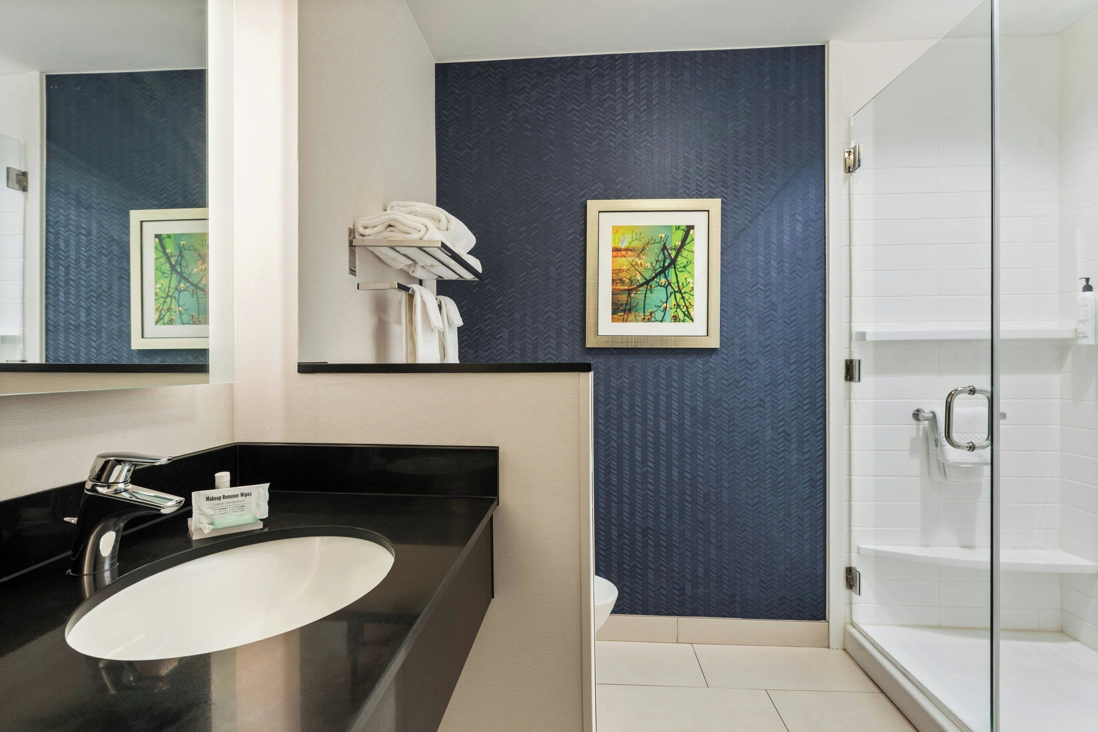 Une salle de bain moderne avec un lavabo noir, des toilettes blanches et une douche à parois de verre.