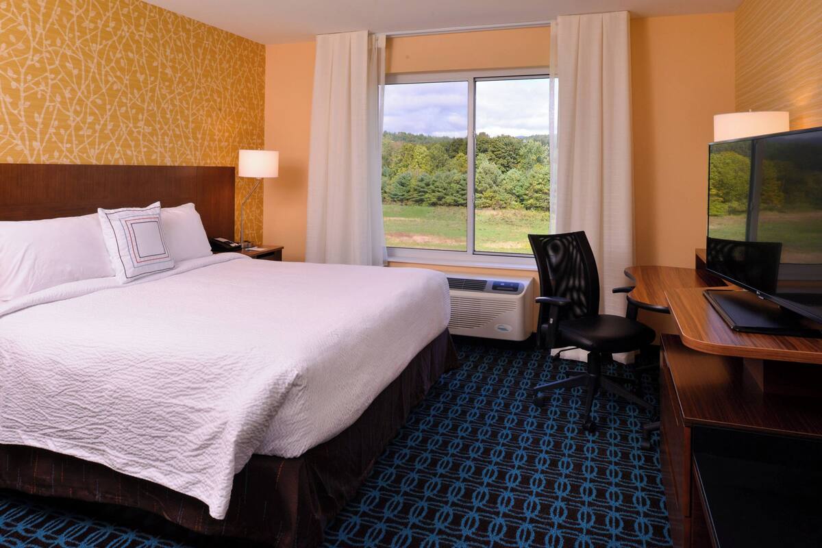 A hotel room with a large bed, a desk with a computer, a TV, and a window with a view of trees.