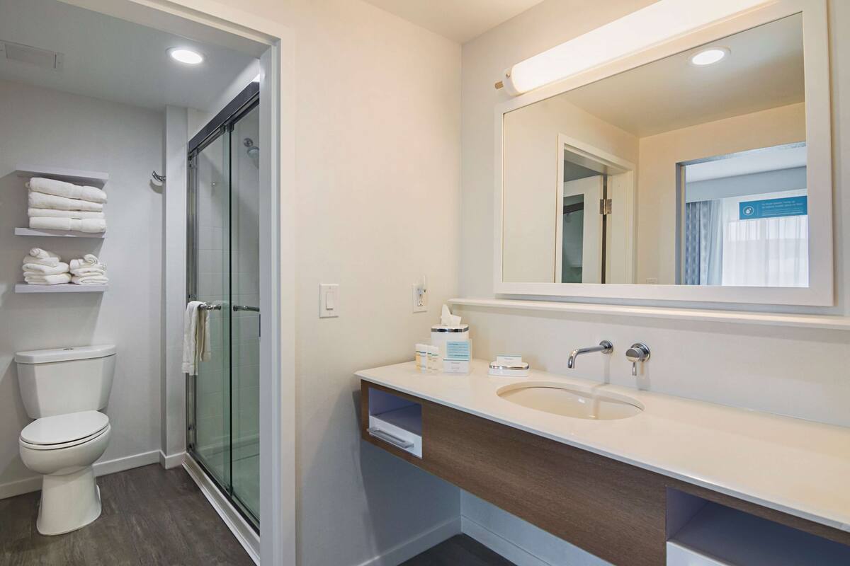 room, 1 king bed, non smoking, refrigerator & microwave (wet bar) | bathroom | shower, hair dryer, towels