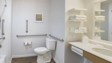 A modern bathroom with a toilet, handrails, a sink, and a mirror.