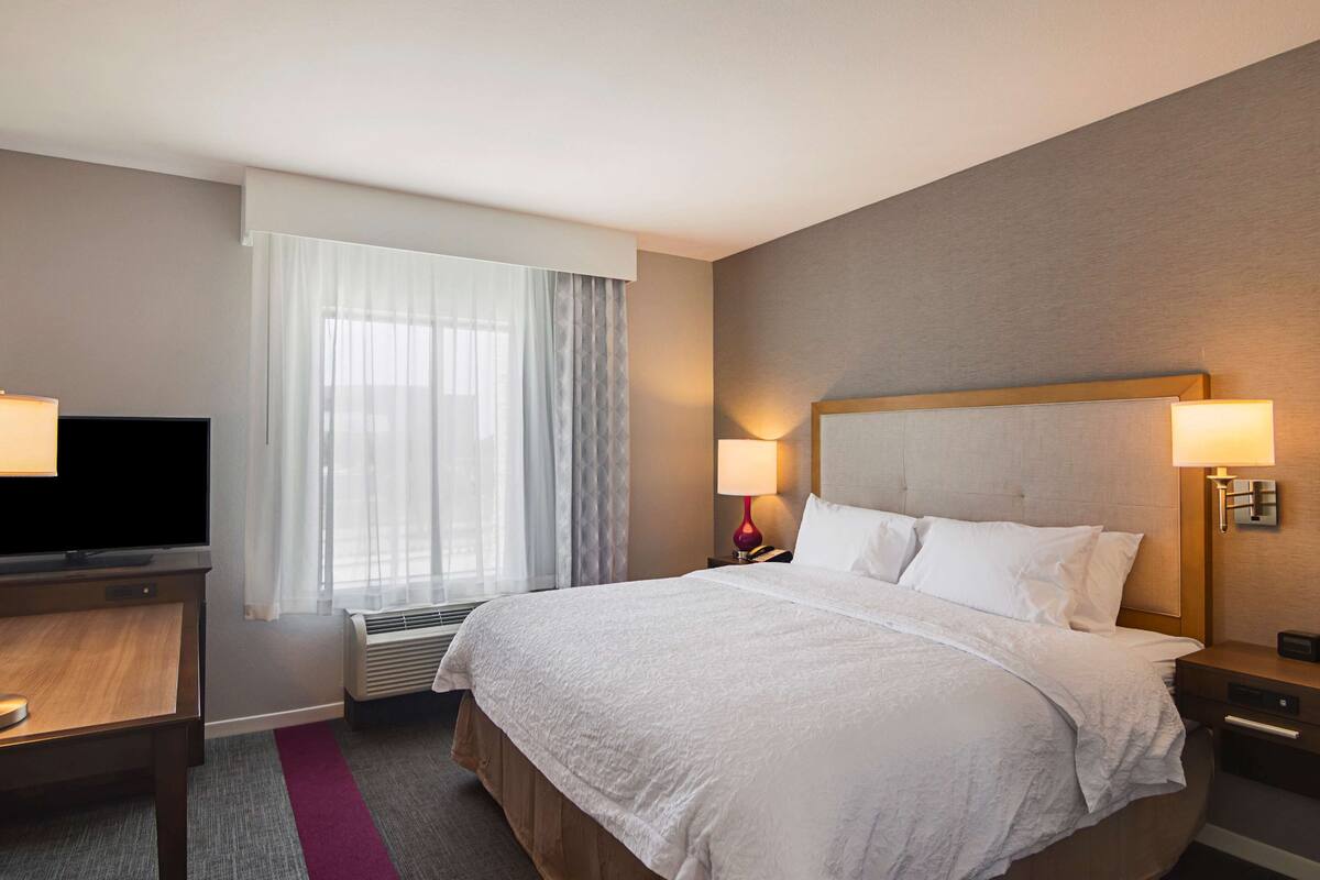 Habitación de hotel con cama, lámparas de noche, televisión, ventana con cortinas y escritorio.