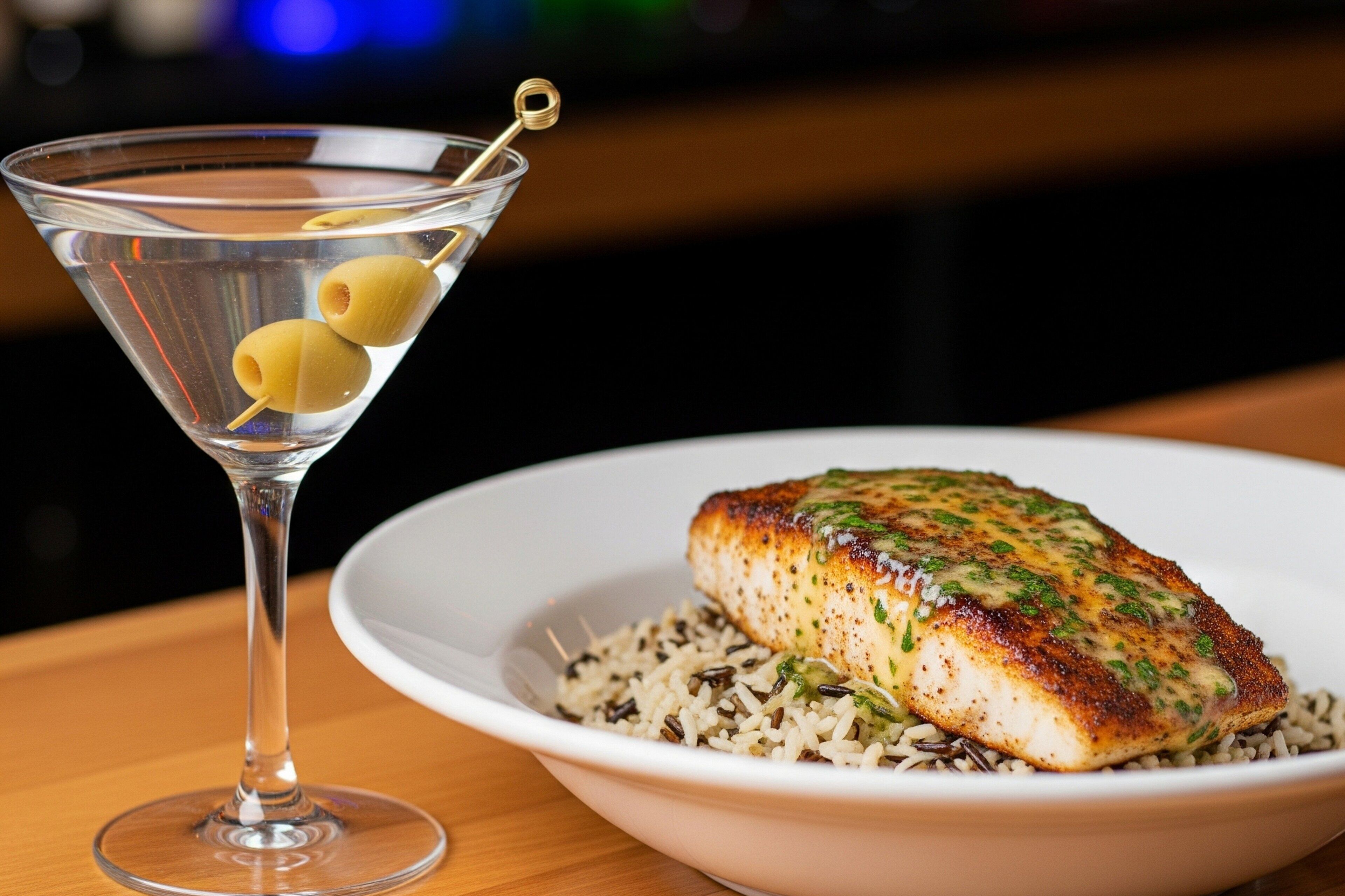 Una copa de martini con aceitunas y un plato de pescado a la parrilla con arroz.